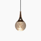 Ornate modern LED crystal chandelier with teardrop glass, deer motif, stars, and black cord.