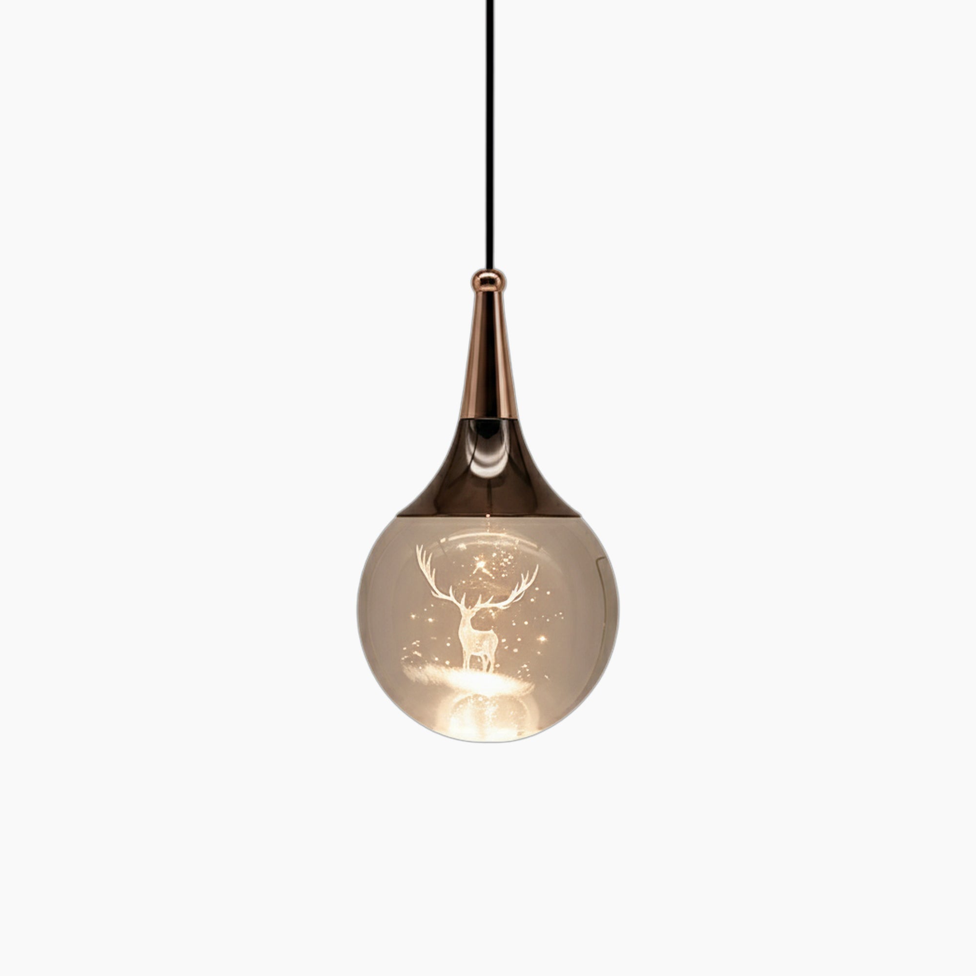 Ornate modern LED crystal chandelier with teardrop glass, deer motif, stars, and black cord.