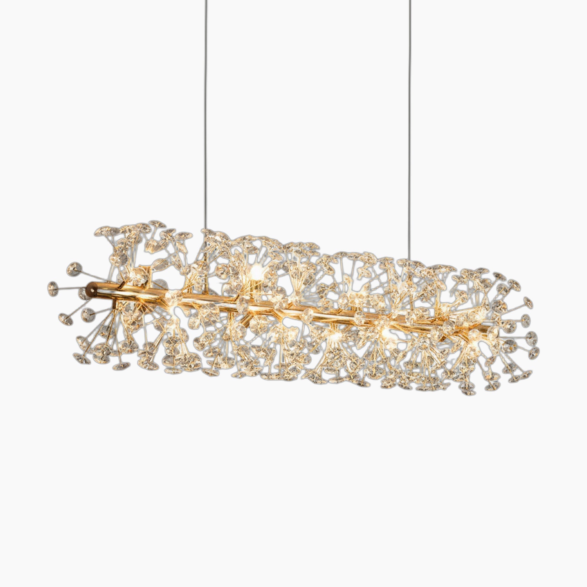 Modern chandelier with elongated tubular frame, crystal-like branches, glowing LEDs, and slim suspension wires.