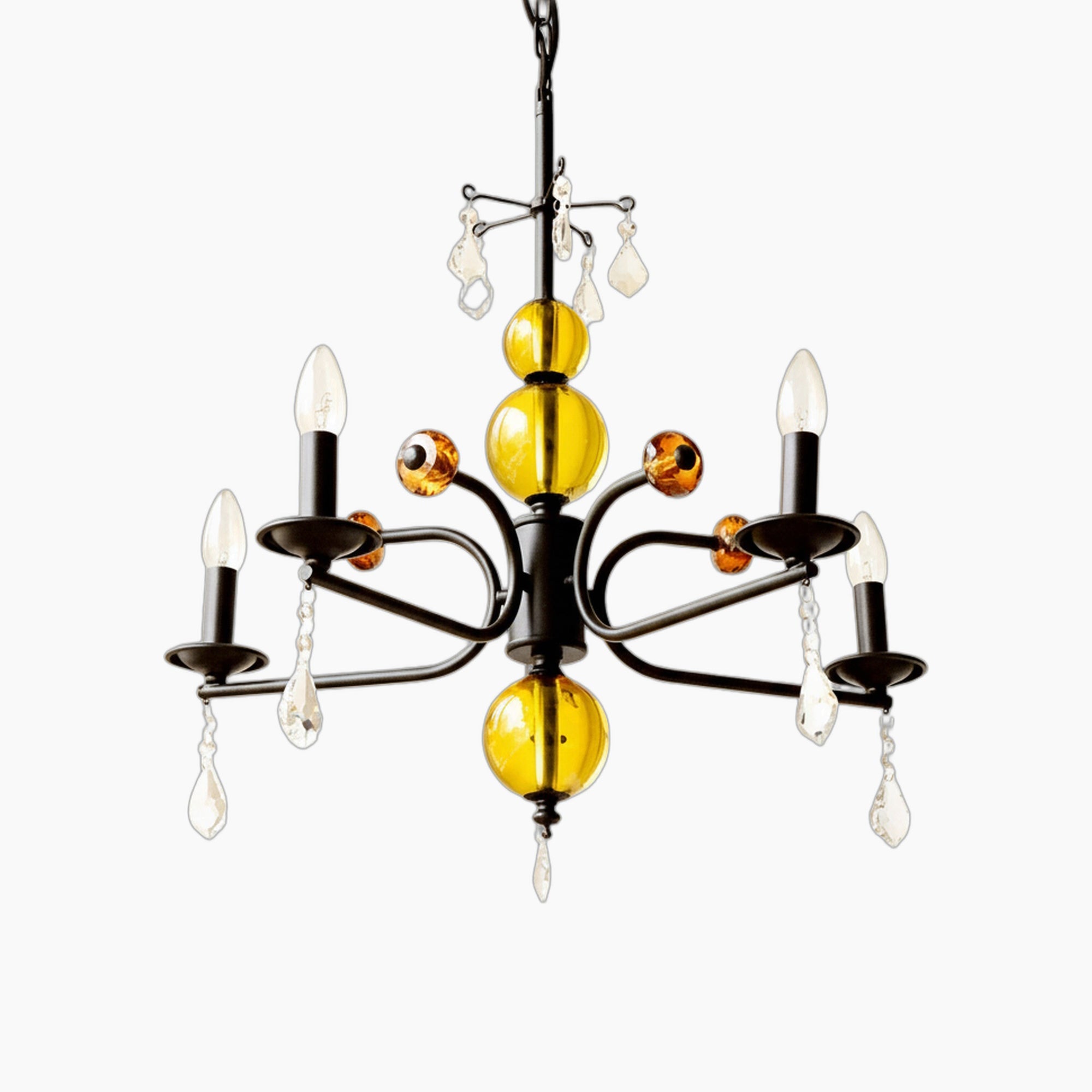 Maison Ornate chandelier: six candle-style bulbs, amber glass orbs, black frame, crystal accents.