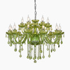 Maison Baroque chandelier with green glass, candle bulbs, crystals, silver chain; LED compatible.