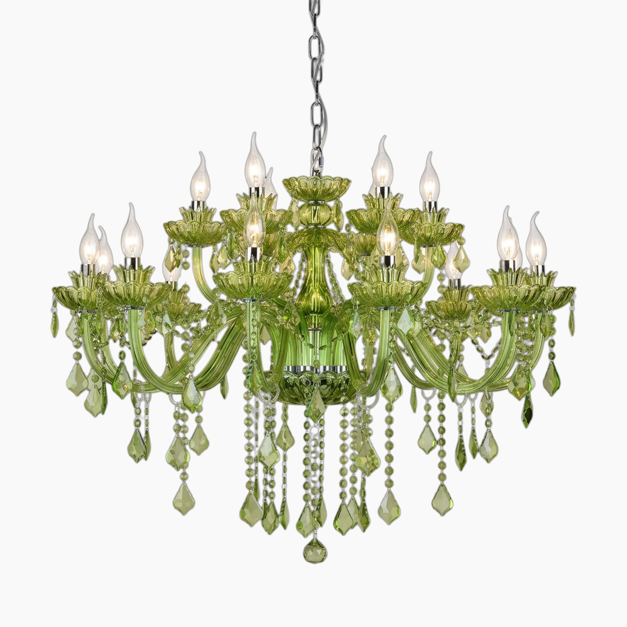 Maison Baroque chandelier with green glass, candle bulbs, crystals, silver chain; LED compatible.