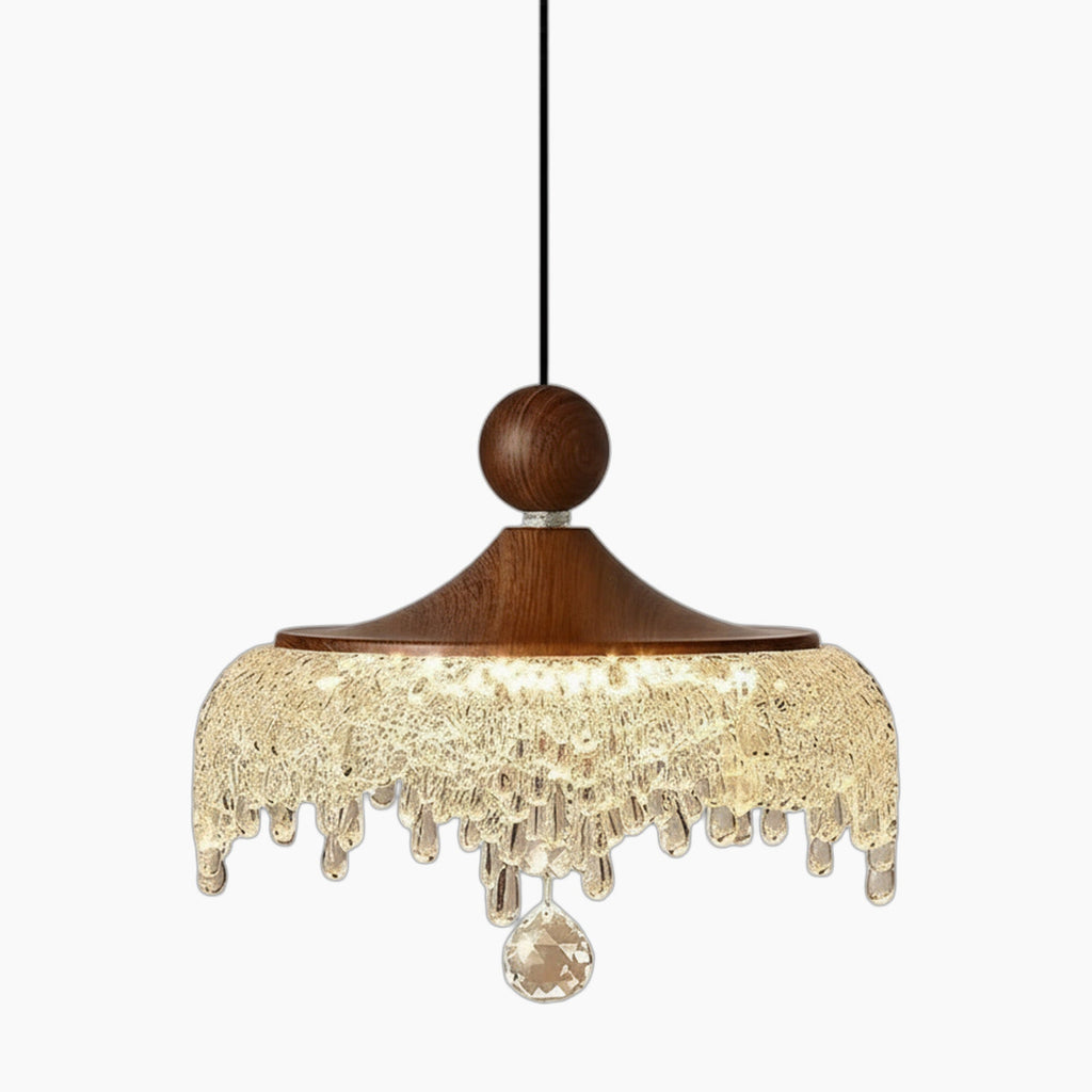 French medieval-style chandelier with wooden top, textured glass icicles, and glowing crystal accents.