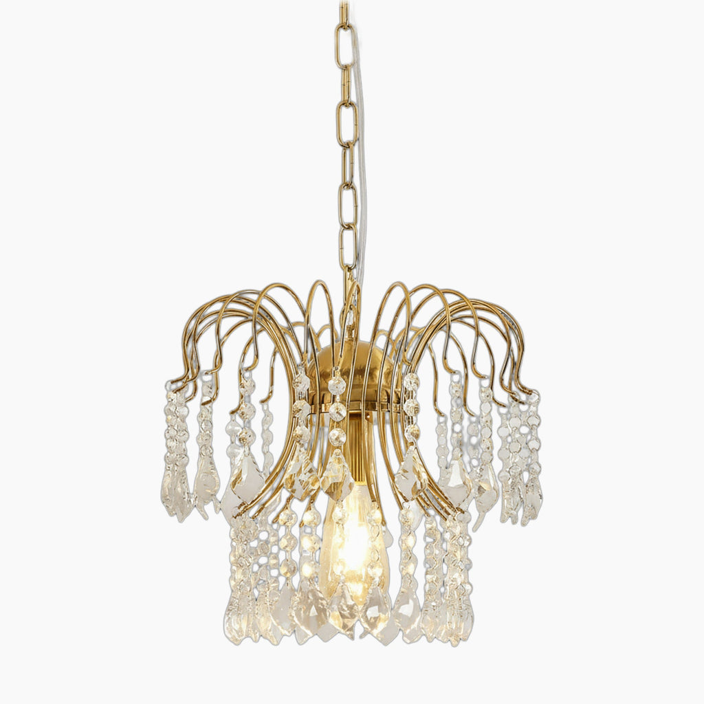 Maison Ornate Modern Water Drop Crystal Gold Chandelier with curved arms and exposed bulb.
