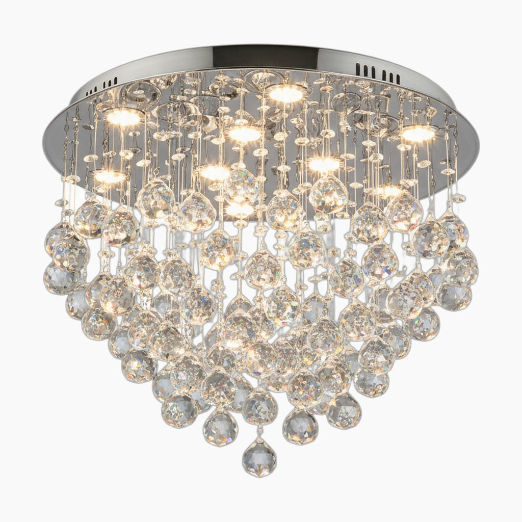 Ornate round chandelier with 9 LED lights, chrome base, and cascading K9 crystal droplets.