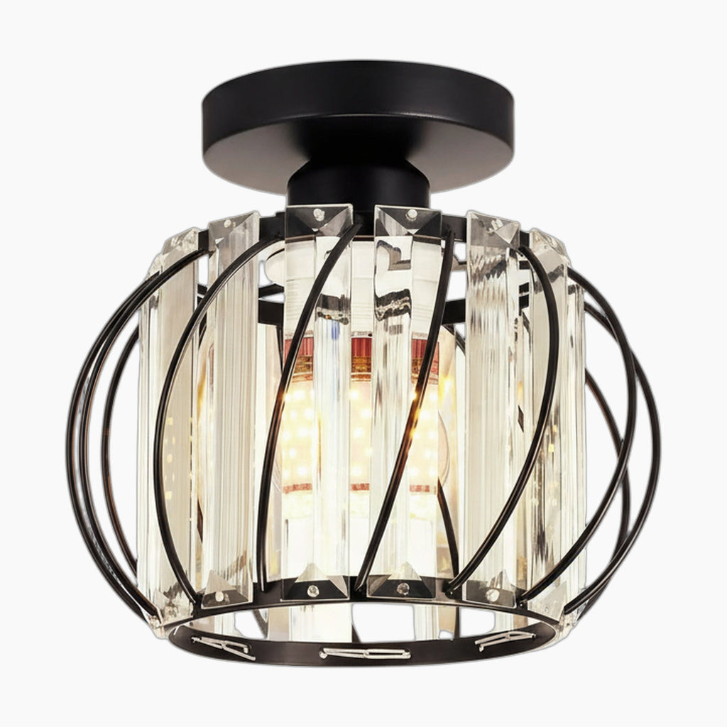 Ornate black metal mini pendant chandelier with clear crystal-style glass and exposed LED bulb.