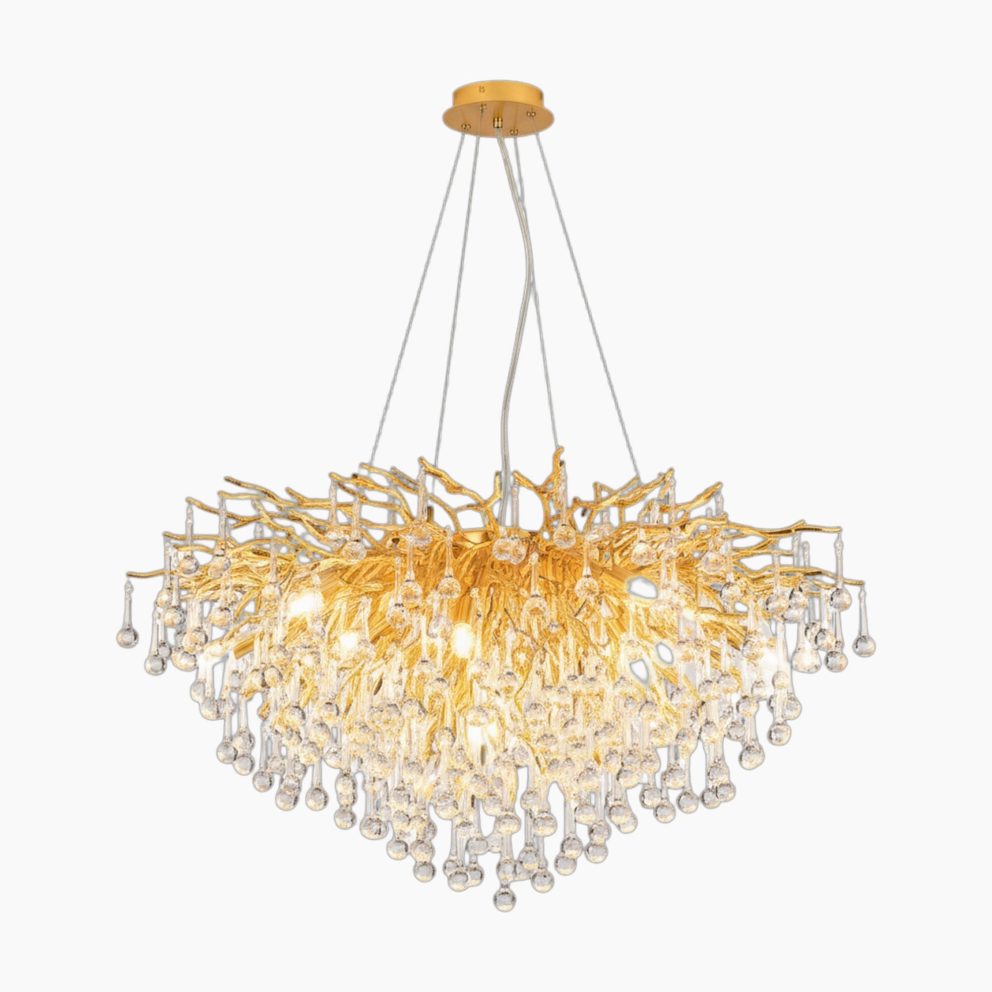 Gold-finished Art Deco chandelier with branch-like frame, hanging crystals, multiple bulbs; adjustable suspension.
