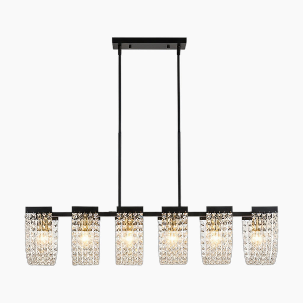 Maison Ornate Art Deco chandelier with five lights, clear textured glass shades, black linear mount.