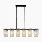 Maison Ornate Art Deco chandelier with five lights, clear textured glass shades, black linear mount.