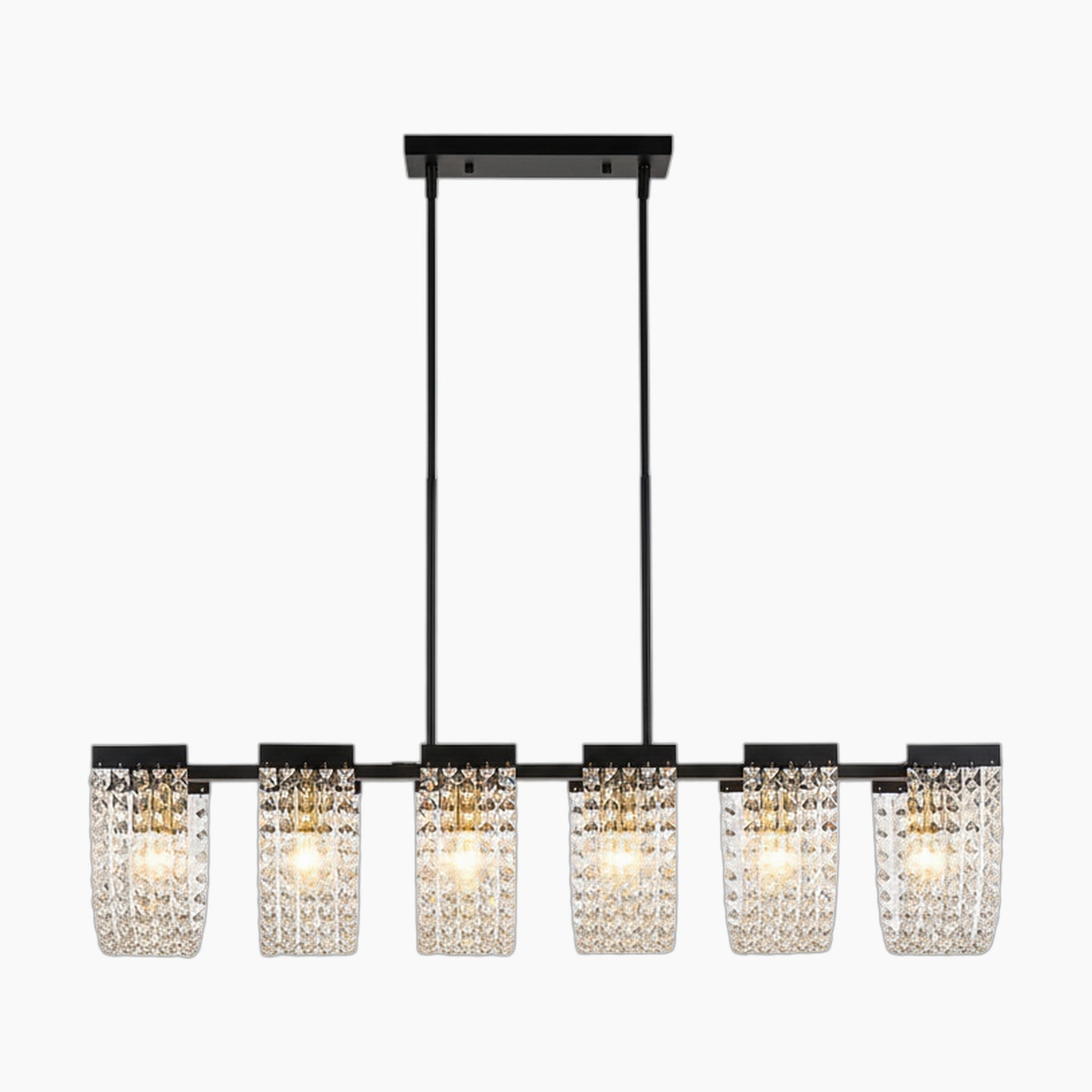 Maison Ornate Art Deco chandelier with five lights, clear textured glass shades, black linear mount.