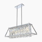 Rectangular chrome crystal chandelier with K9 pendants, two ceiling rods, and sparkling light reflection.