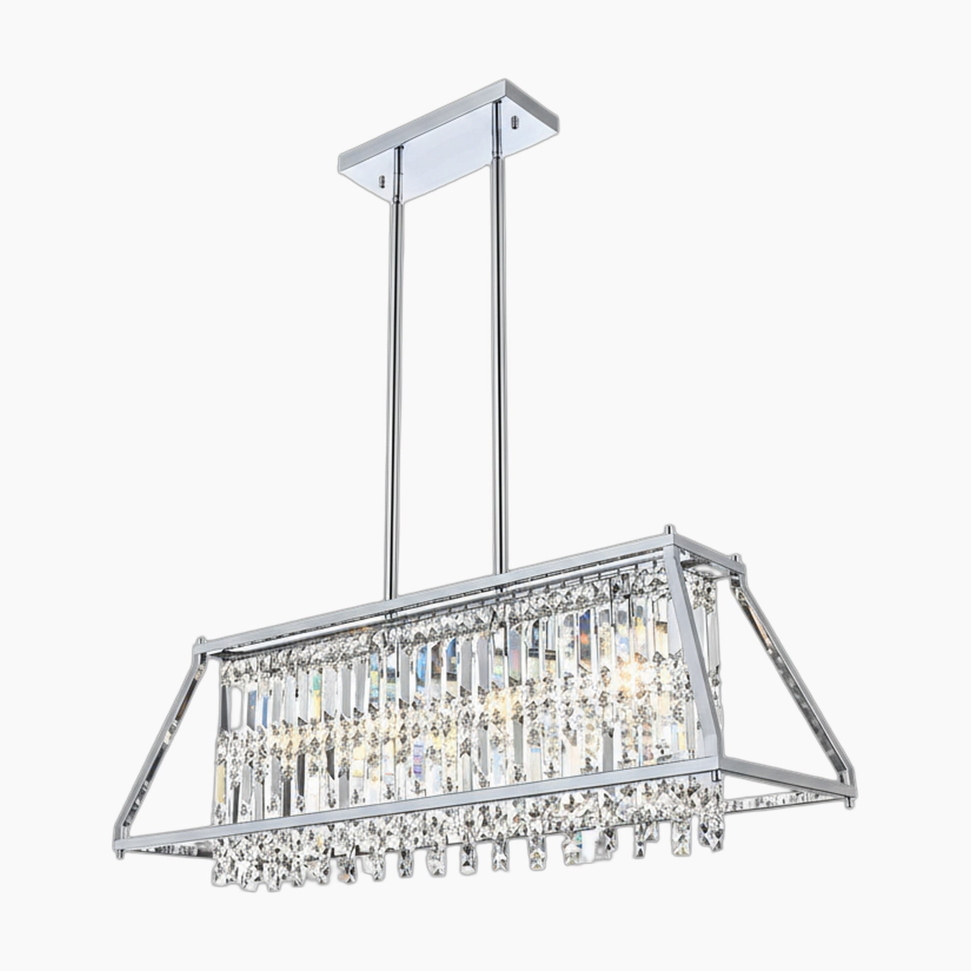 Rectangular chrome crystal chandelier with K9 pendants, two ceiling rods, and sparkling light reflection.