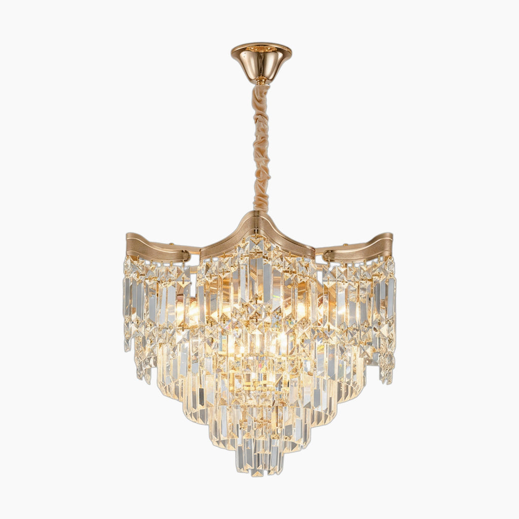 Maison Ornate Modern Gold Crystal LED Pendant Light with layered K9 crystal prisms and adjustable suspension.
