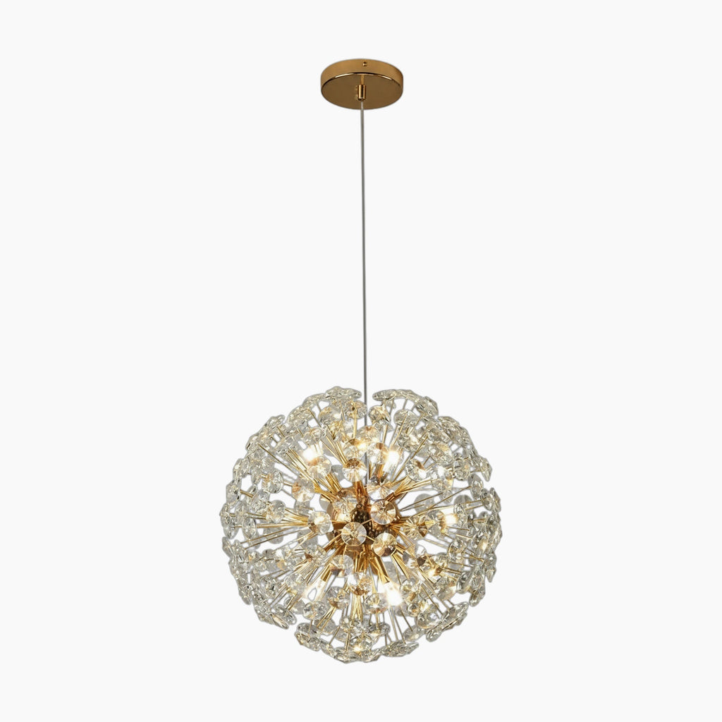 Modern chrome chandelier with spherical clear faceted crystals and LED raindrop accents, suspended elegantly.