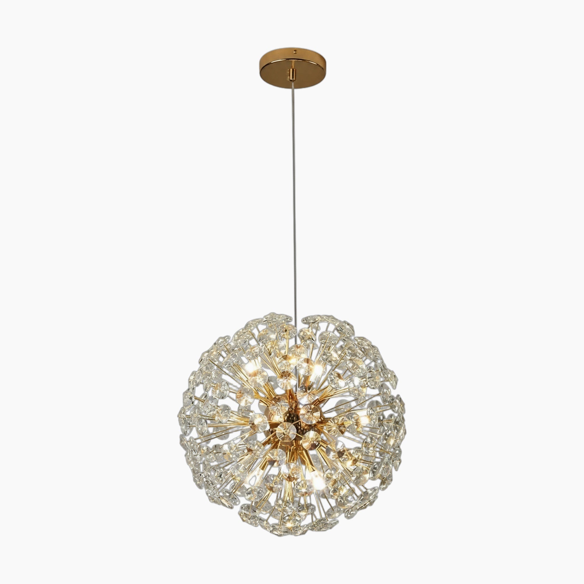Modern chrome chandelier with spherical clear faceted crystals and LED raindrop accents, suspended elegantly.