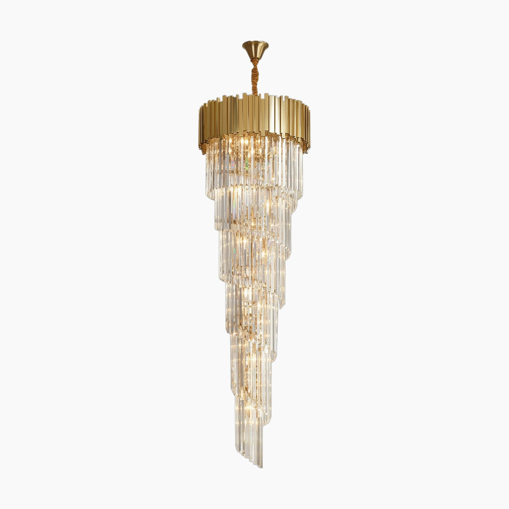Spiral LED chandelier with gold and clear glass prisms, modern luxury stairway lighting.