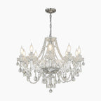 Modern French white chandelier with 15 ornate arms, teardrop K9 crystals, and elegant illumination.