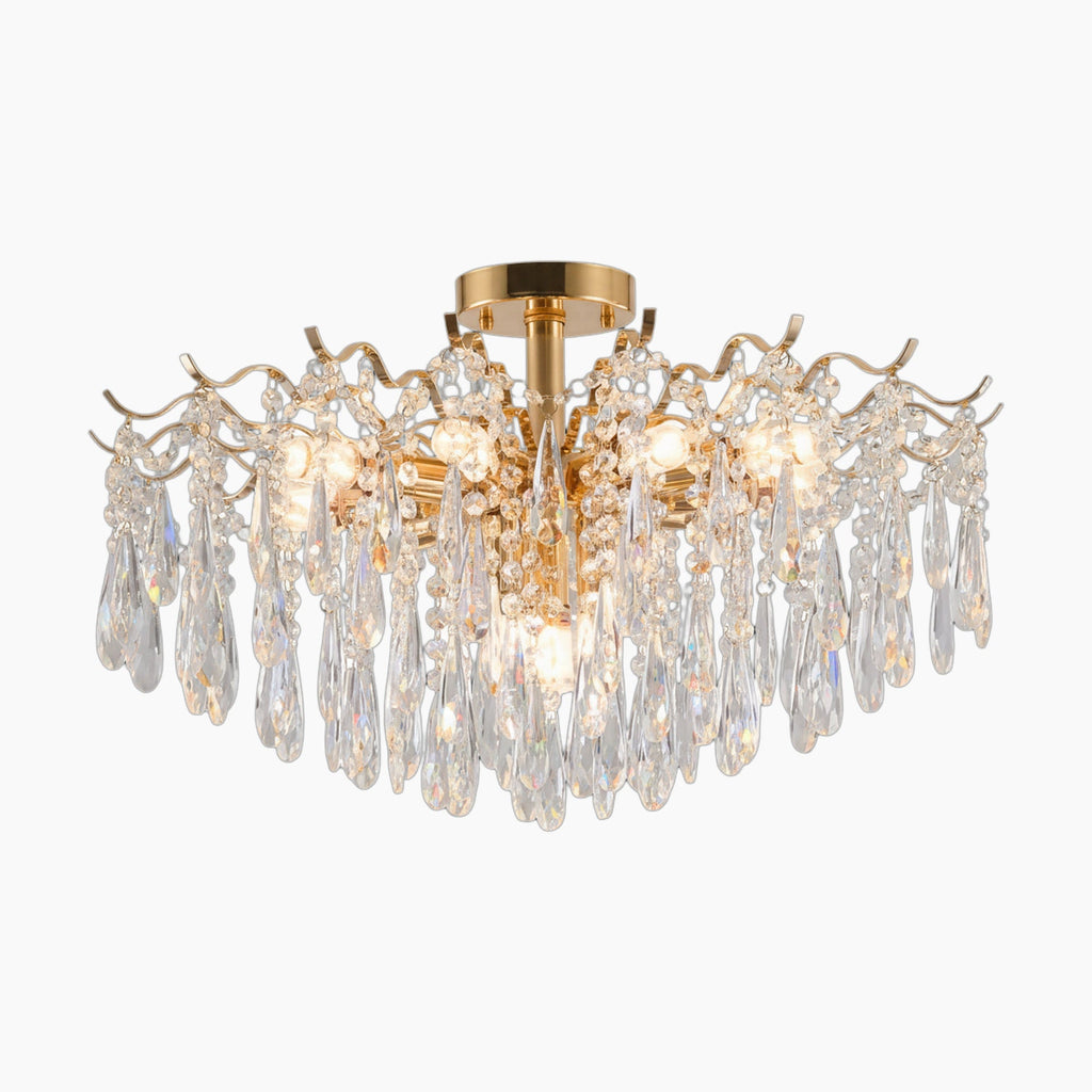 Gold modern chandelier with curved arms and K9 crystal droplets; elegant multi-light design.