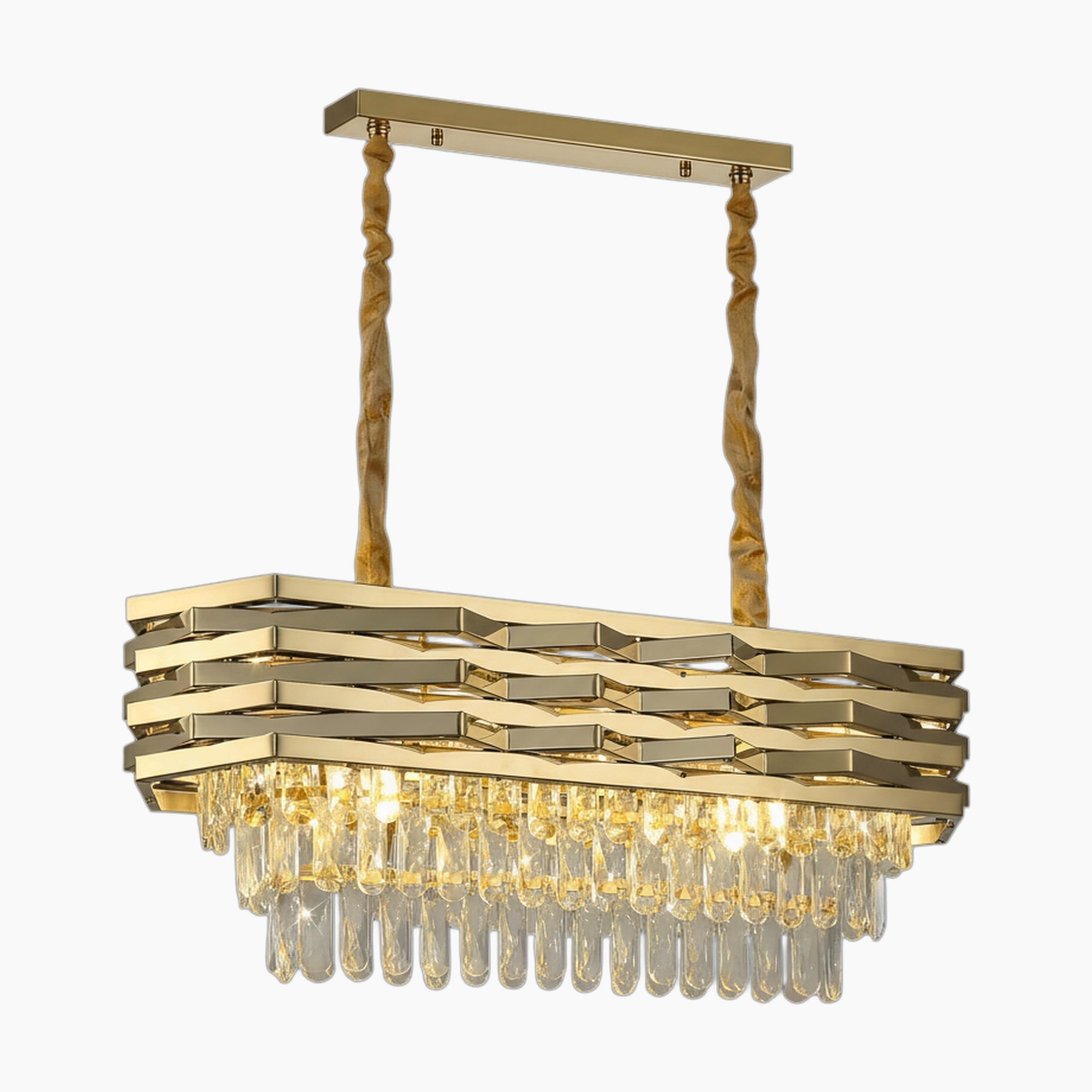 Modern oval gold chandelier with layered bands, K9 crystals, and elegant lighting on twisted cords.