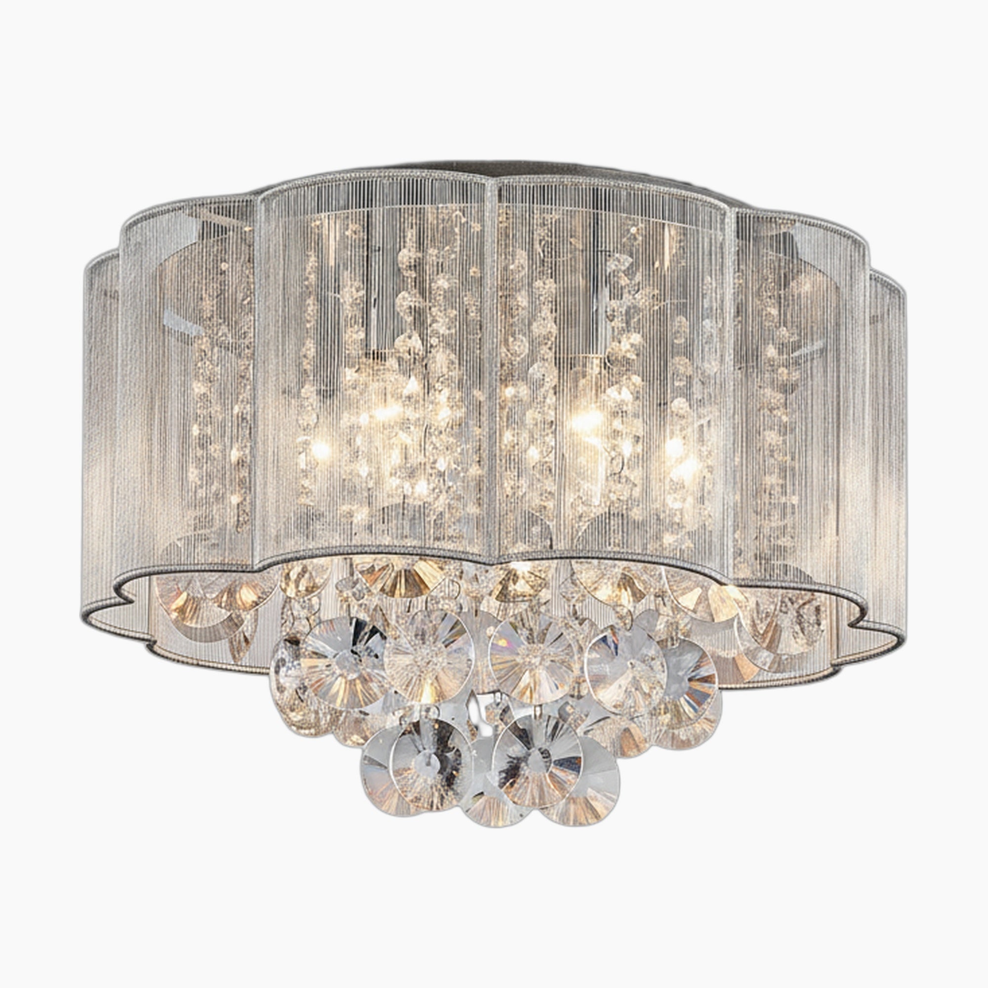 Ornate round metal chandelier with wavy silver mesh, glass discs, cascading crystals, and multiple bulbs.