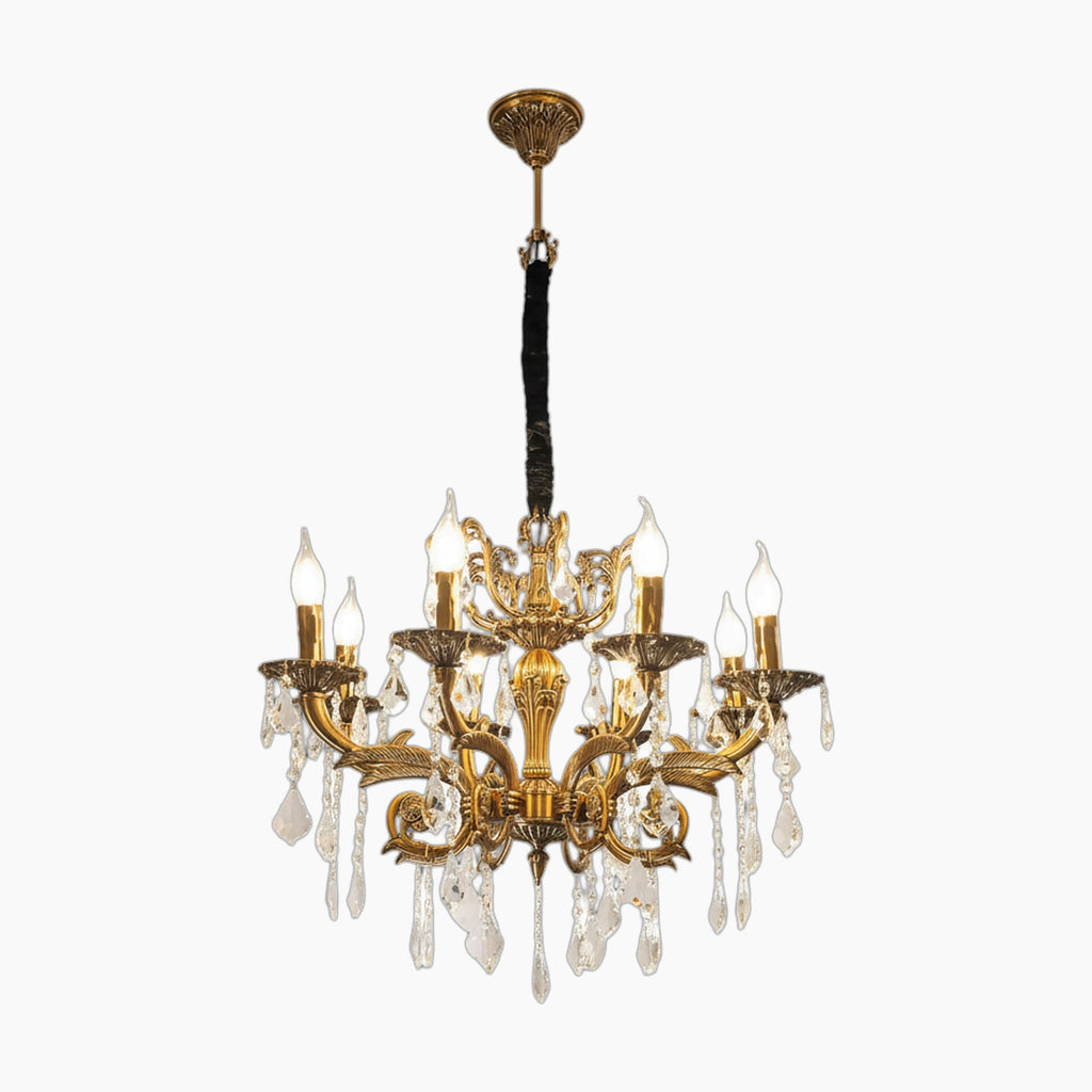 Elegant baroque chandelier with 8 candle lights, ornate curved arms, and cascading crystal pendants.