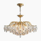 Ornate modern crystal chandelier with adjustable chain, curved arms, and sparkling K9 prisms.