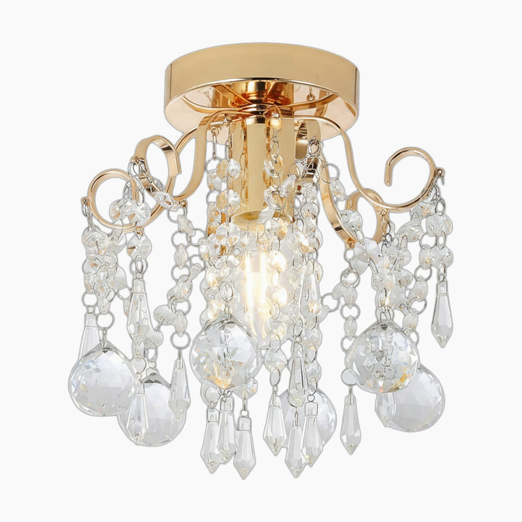 Gold modern chandelier with ornate scrollwork and K9 crystals, featuring E27 socket for bulbs.