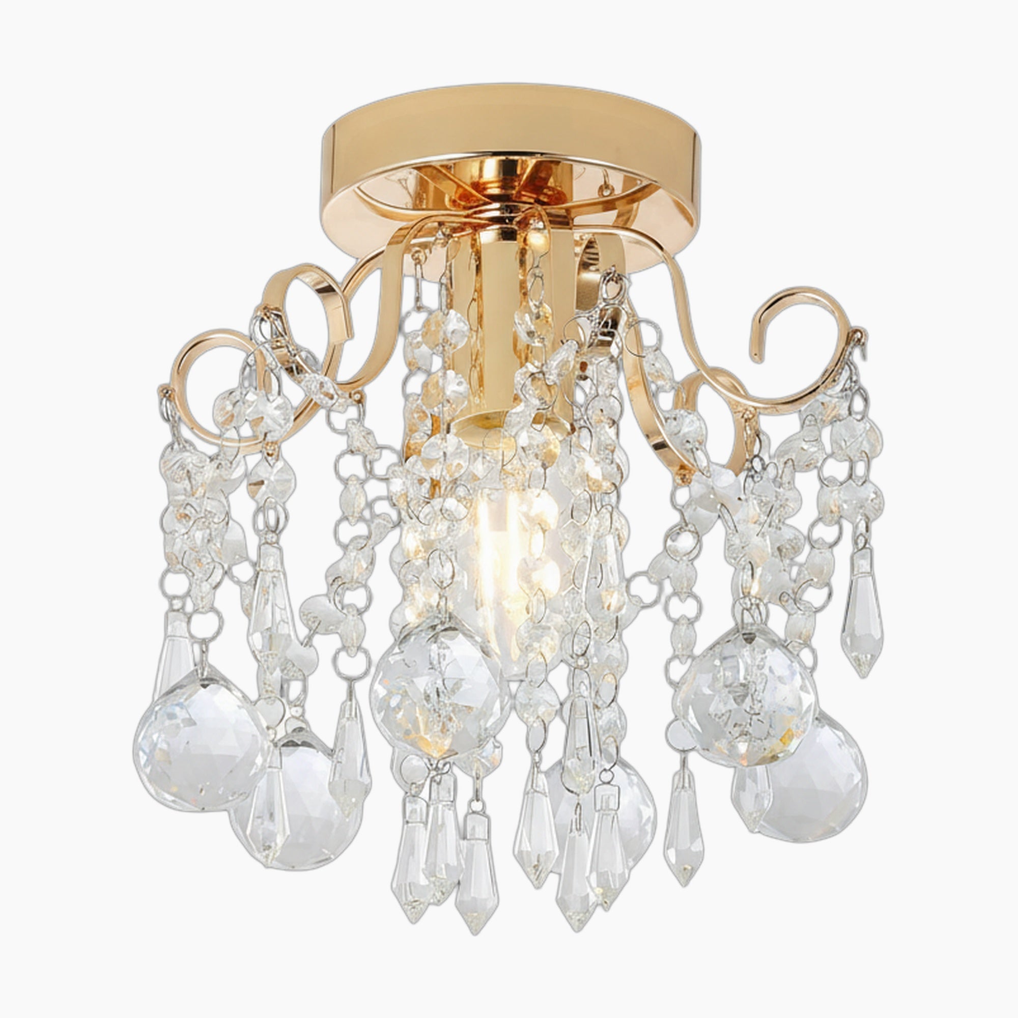 Gold modern chandelier with ornate scrollwork and K9 crystals, featuring E27 socket for bulbs.