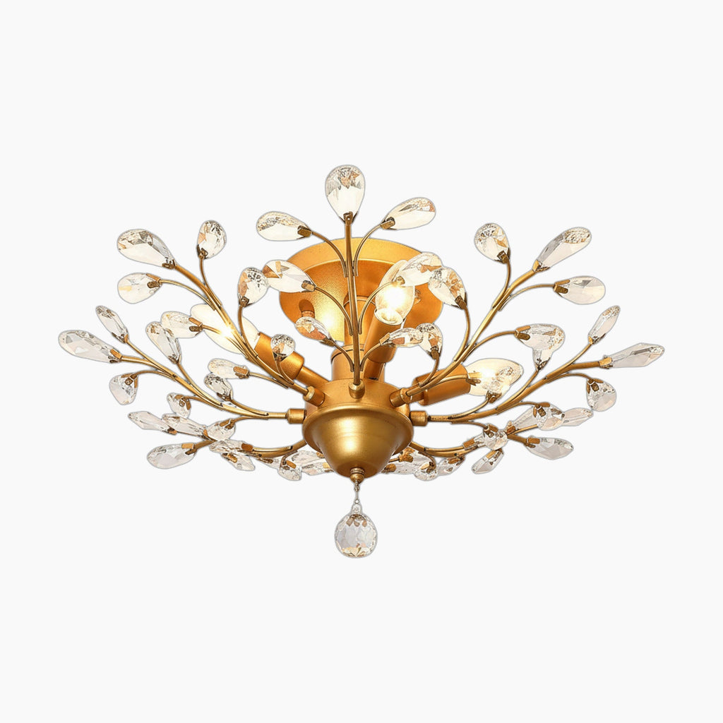 Gold, black, and silver vintage chandelier with K9 crystal teardrops, floral arms, and central gold base.
