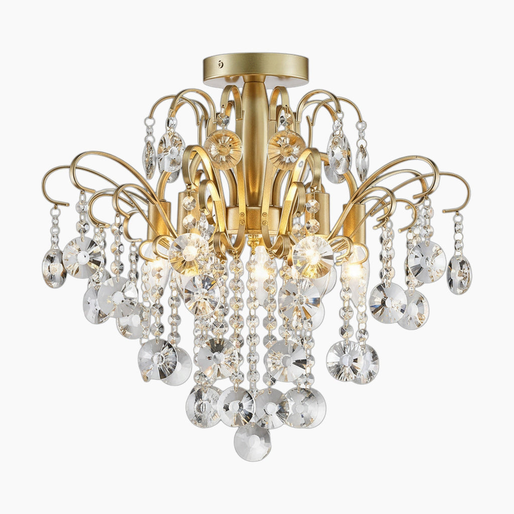 Curved-arm alloy steel chandelier with clear crystal beads and large pendants, elegantly illuminated.