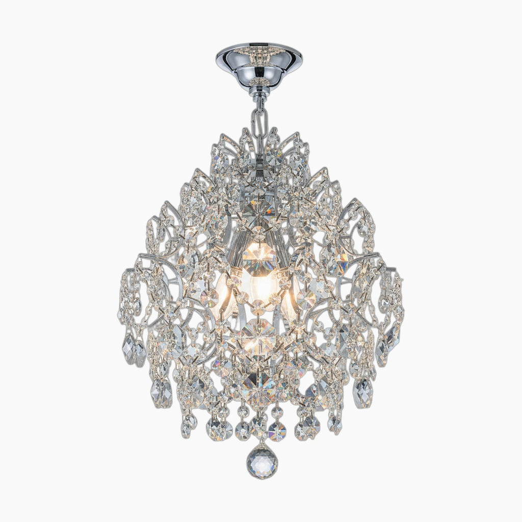 Maison Ornate Crystal Ball Chandelier with three drop shades, silver metalwork, and crystal prisms.