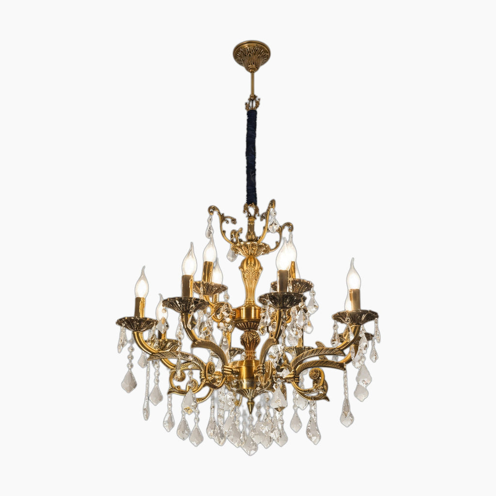 Ornate gold multi-arm chandelier with eight candle lights, crystal prisms, and dark wrapped chain.