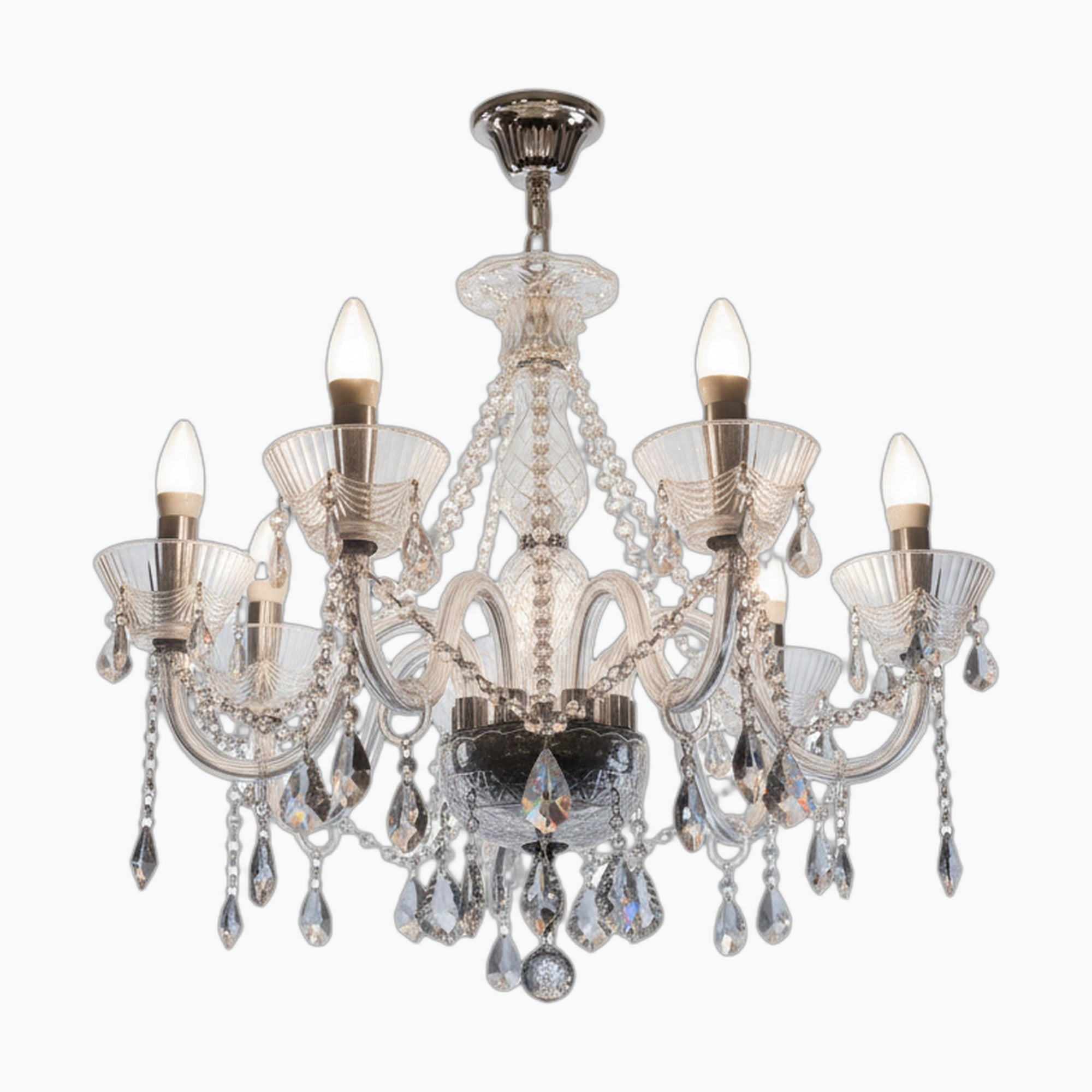 Maison Ornate 8-Light Crystal Chandelier with polished metal mount, glass arms, and sparkling crystal pendants.