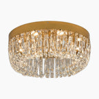 Modern gold LED chandelier with two crystal tiers, round flush mount, elegant warm glow.