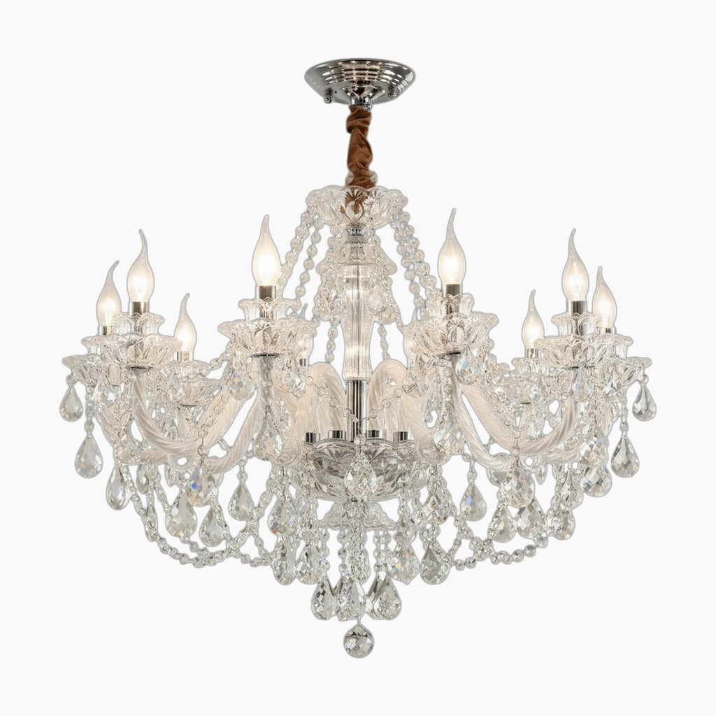 Maison Ornate 6-arm chandelier with curved arms, candle bulbs, and sparkling crystal prisms.