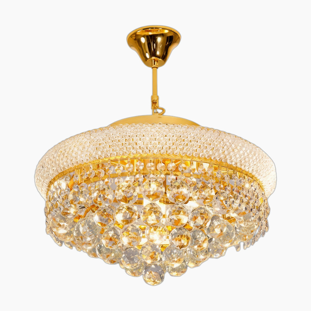 Empire-style gold chandelier with crystal beads and glass orbs, sparkling design for hallways, E14 bulb compatible.