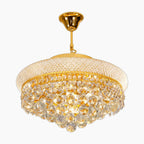 Empire-style gold chandelier with crystal beads and glass orbs, sparkling design for hallways, E14 bulb compatible.