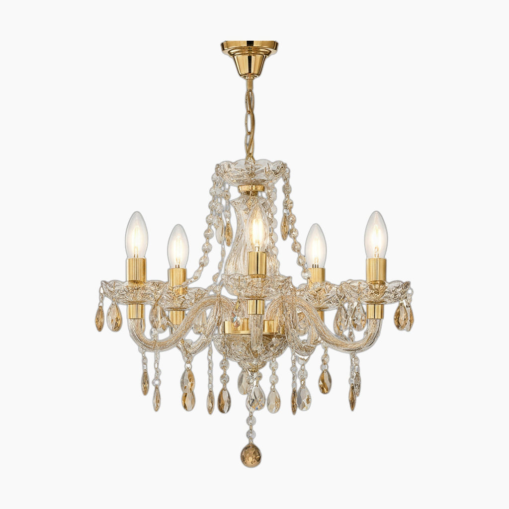 Maison Baroque chandelier with six E14 candle bulbs, ornate gold arms, and hanging crystal pendants.