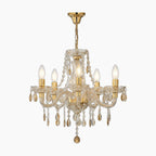 Maison Baroque chandelier with six E14 candle bulbs, ornate gold arms, and hanging crystal pendants.