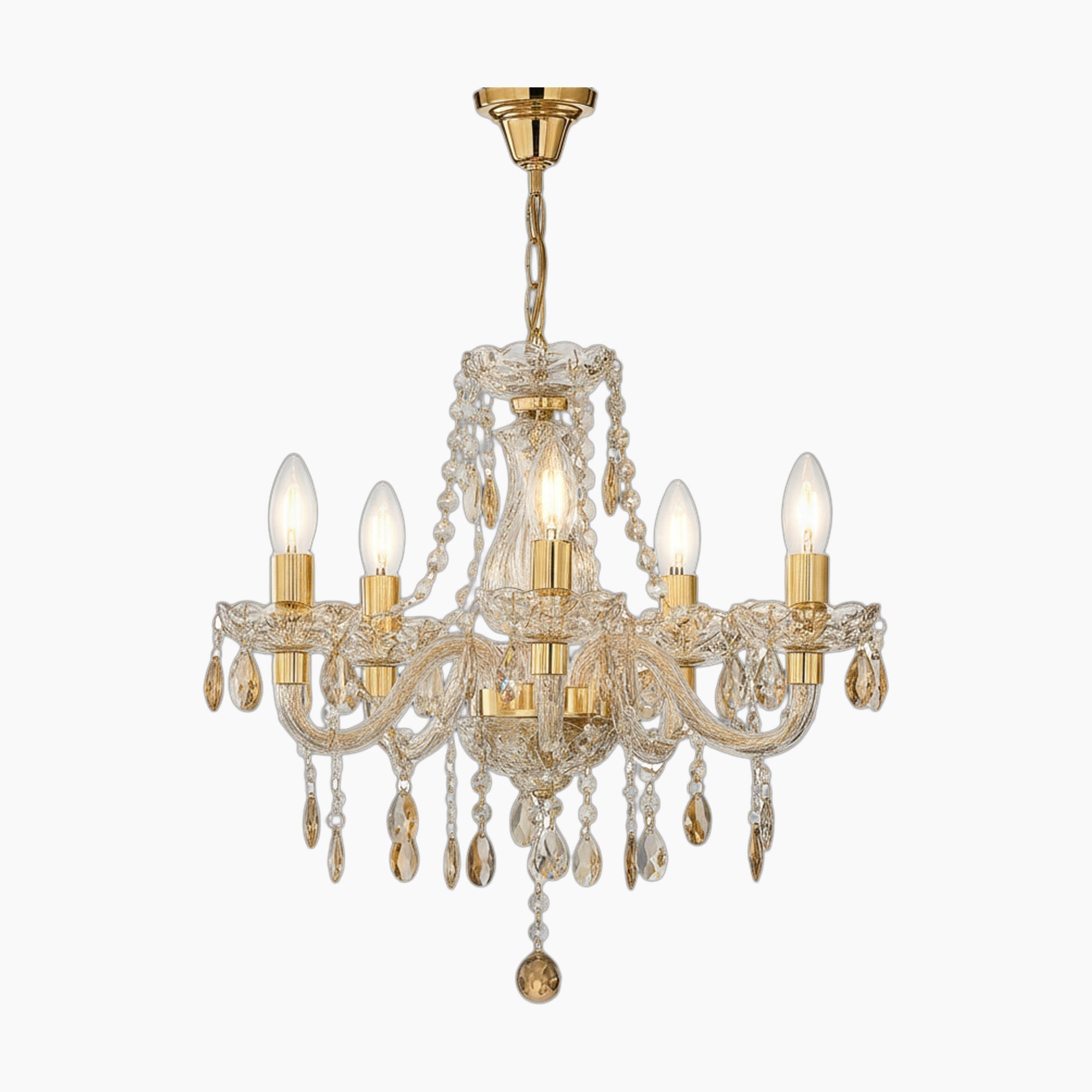 Maison Baroque chandelier with six E14 candle bulbs, ornate gold arms, and hanging crystal pendants.