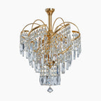 Maison Ornate Modern Crystal Chandelier with gold arms and rectangular crystal prisms, elegantly cascading.