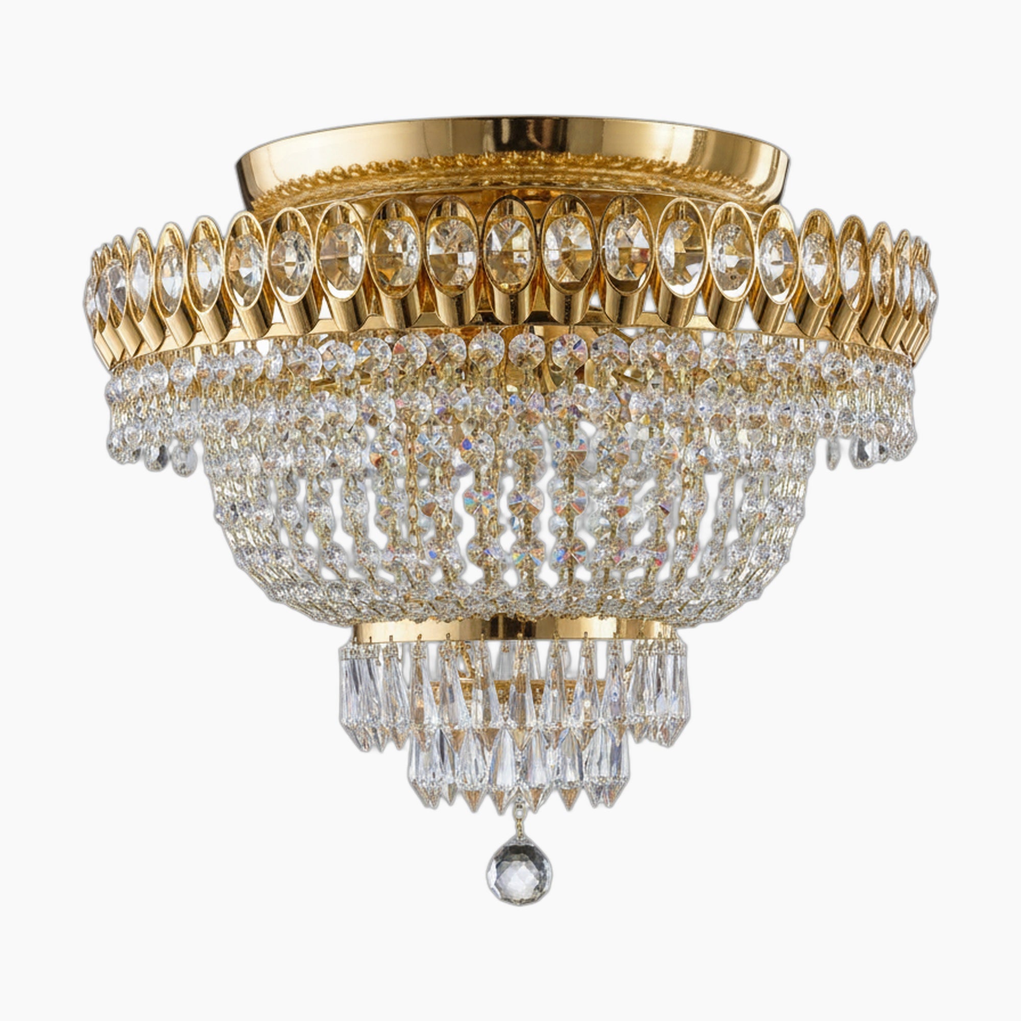 Ornate gold chandelier with sparkling crystal tiers and teardrop accents, elegant flush mount design.