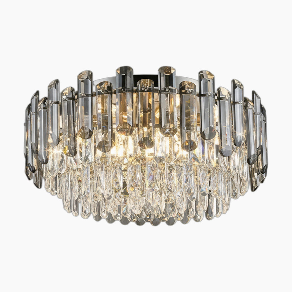 Modern crystal chandelier with clear and smoky glass prisms, circular shape, warm dimmable LED glow.