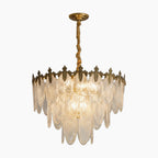 Maison Ornate Art Deco chandelier with fan-shaped crystal panels and gold decorative frame, elegant vintage style.