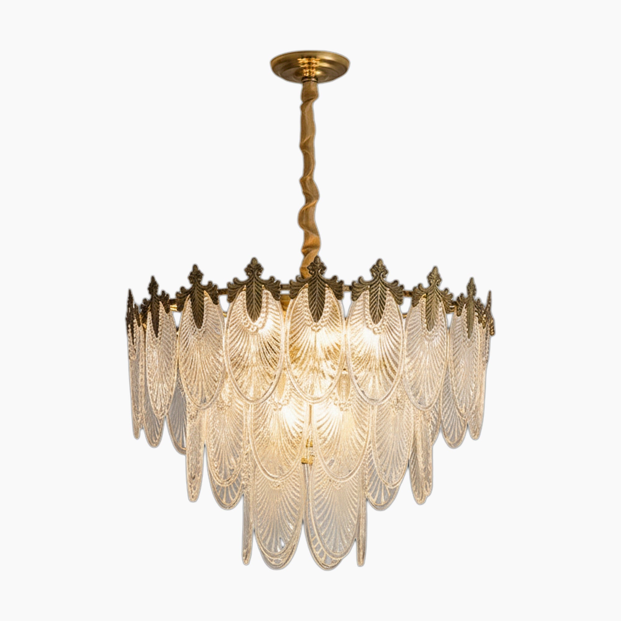 Maison Ornate Art Deco chandelier with fan-shaped crystal panels and gold decorative frame, elegant vintage style.