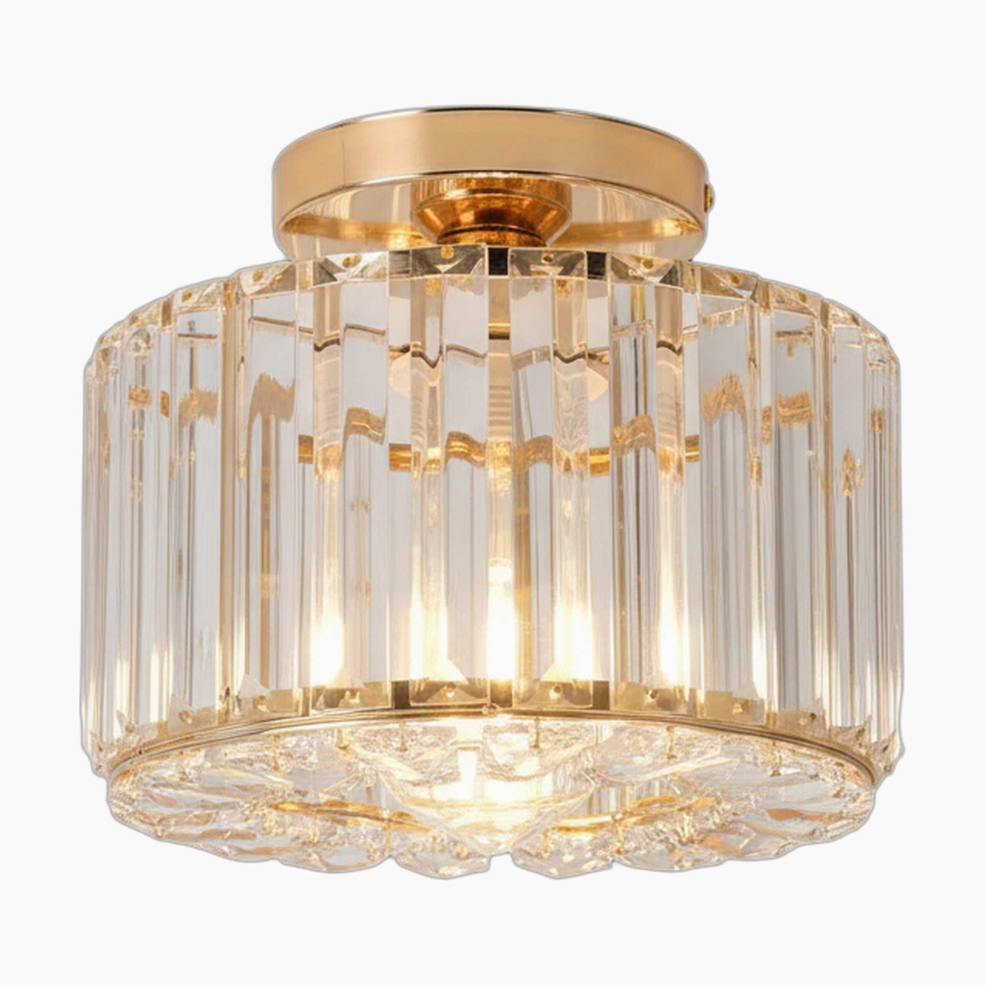 Maison Ornate Art Deco chandelier with iron frame, vertical crystal panels, and round gold base.