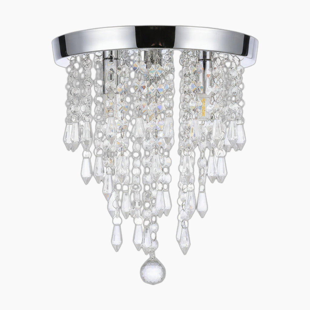 Chrome chandelier with cascading clear crystal beads and droplets, sparkling modern flush mount style.
