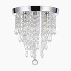 Chrome chandelier with cascading clear crystal beads and droplets, sparkling modern flush mount style.