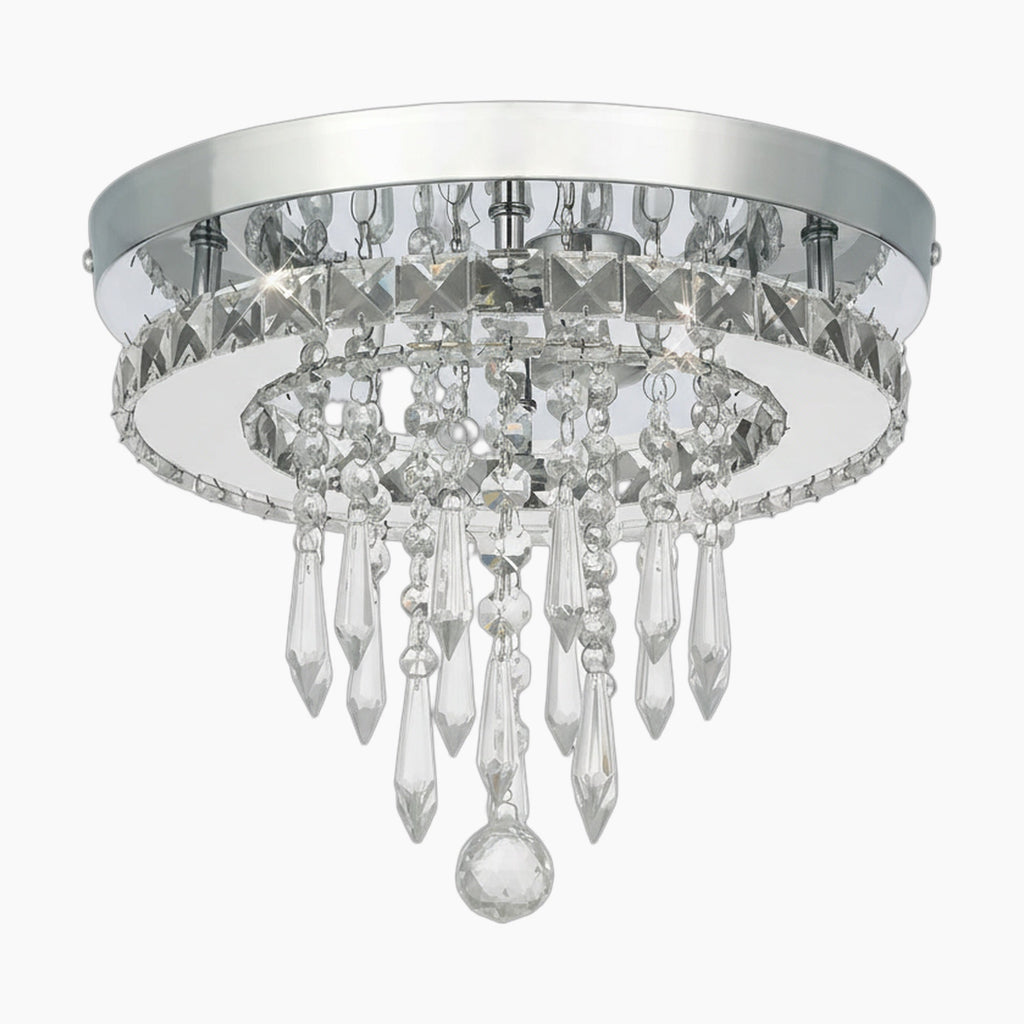 Modern LED chandelier with chrome base and circular crystal tiers for a sparkling, elegant look.
