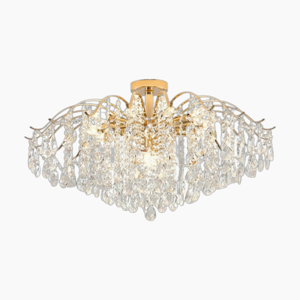 Gold and silver branch chandelier with clear crystal teardrops, LED lighting, modern luxury design.